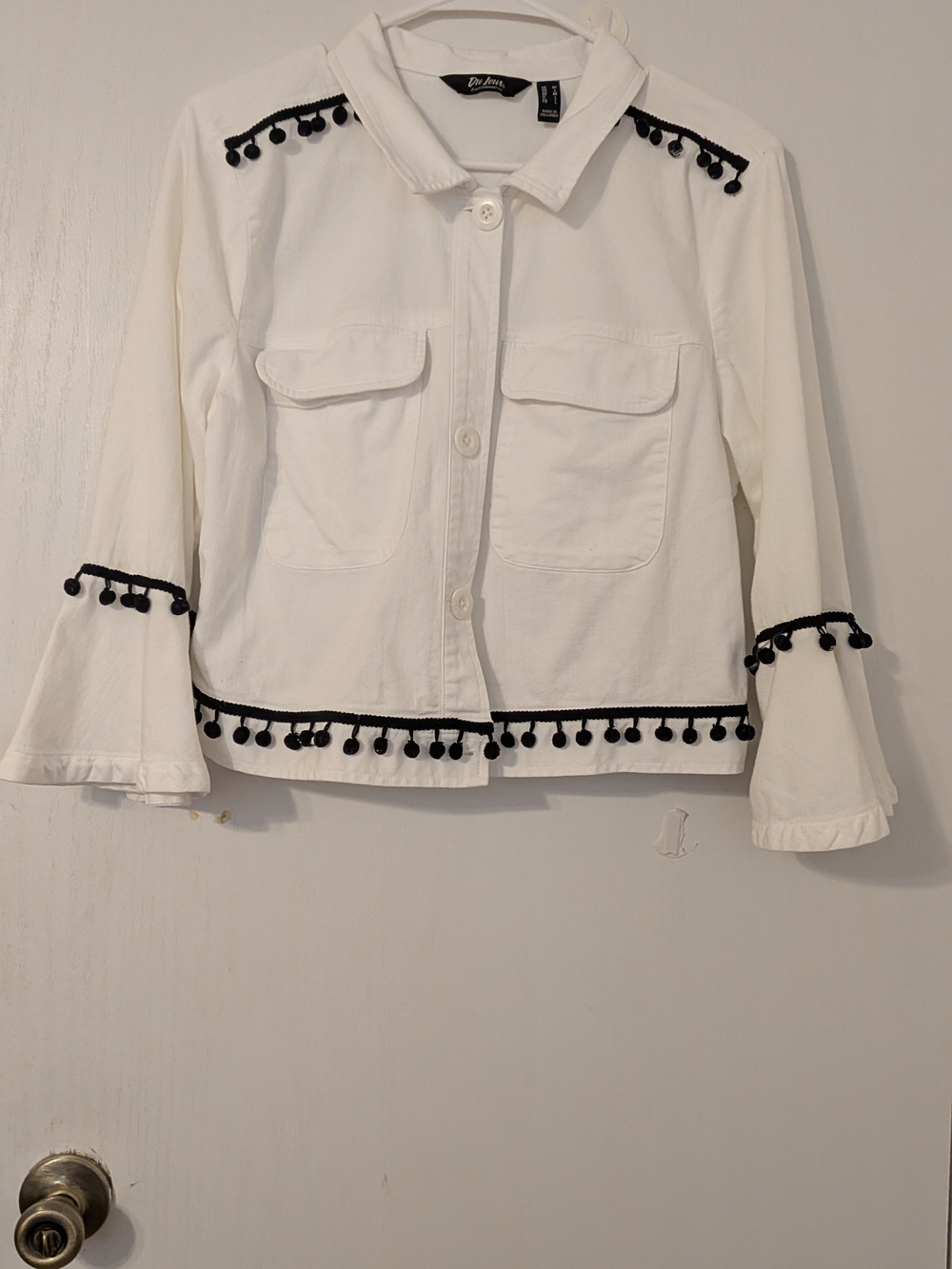 Du Jour Cropped Twill Jacket Pom Pom Trim White M